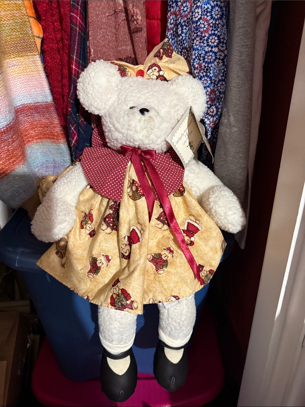 White Plush Teddy Bear in Gold Patterned Dress with Burgundy Accents